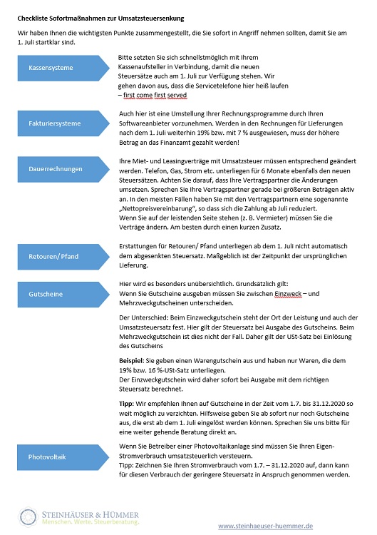 Checkliste Mehrwertsteuersenkung